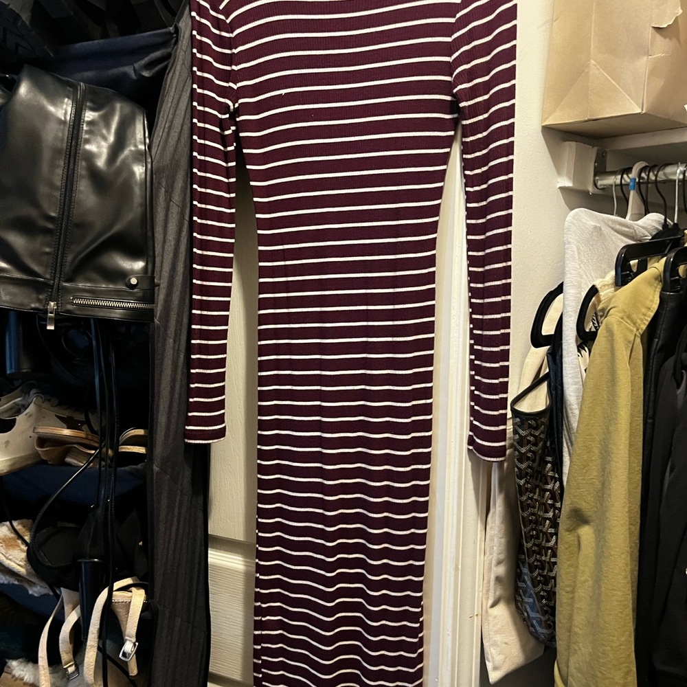 Burgundy and White Long Sleeve Bodycon Dress